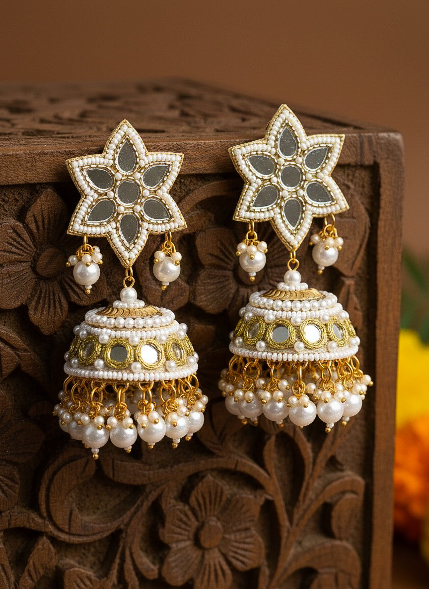 Noor Mirror Handmade Beaded Jhumka Earrings