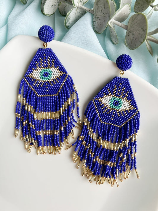 Nazarbattu Blue Evil Eye Handmade Beaded Tassel Earrings