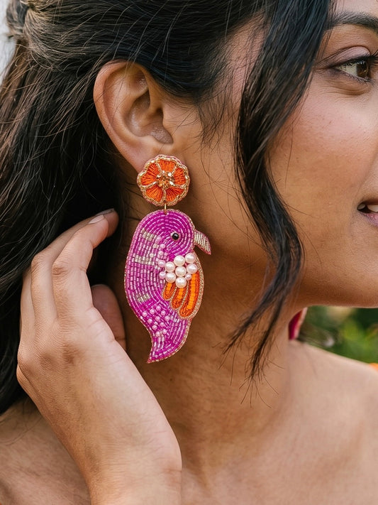 Blooming Birdie Pink Orange Handmade Beaded Earrings