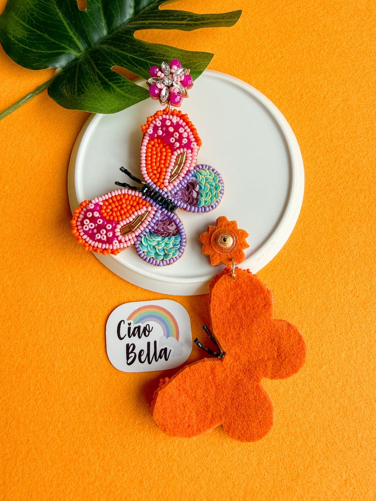 Paradise Sunset Orange Pink Handmade Beaded Butterfly Earrings