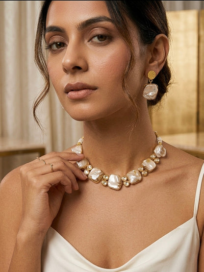 Mother Of Pearl Kundan Handmade Brass Necklace Set
