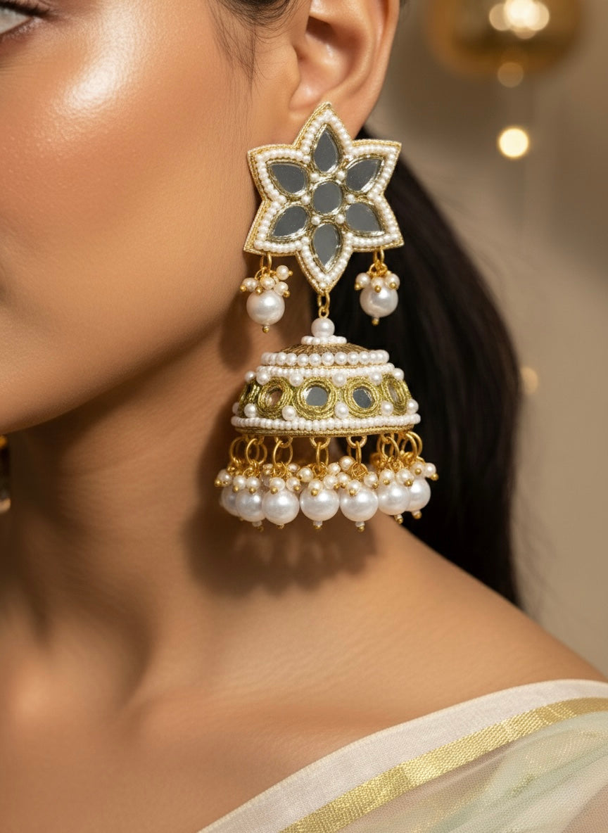 Noor Mirror Handmade Beaded Jhumka Earrings