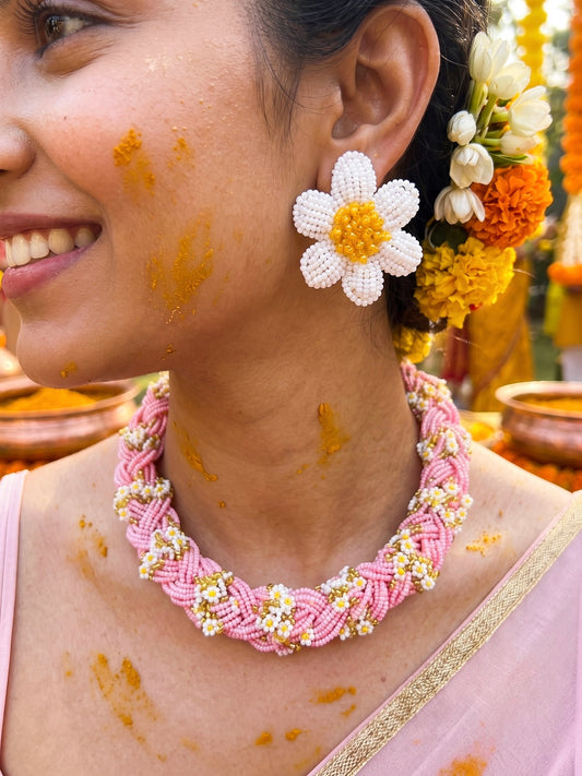 Luxe Flora Pink Handmade Beaded Necklace + Earrings Set