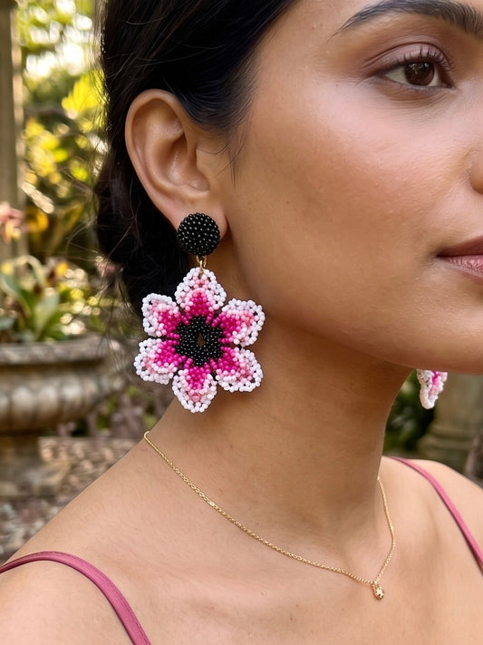 Blossoming Pink Flower Handmade Beaded Earrings