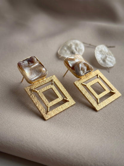 Framed in Gold Mother Of Pearl Handmade Brass Earrings