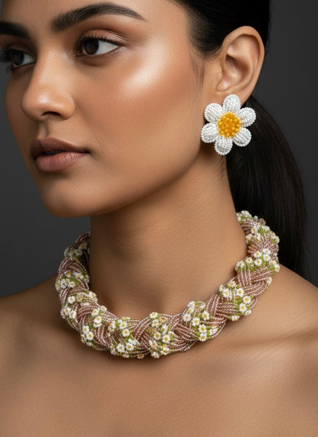 Luxe Flora Rose Gold Handmade Beaded Necklace + Earrings Set