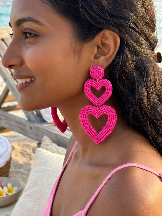 Steal My Love Handmade Beaded Pink Heart Shaped Earrings