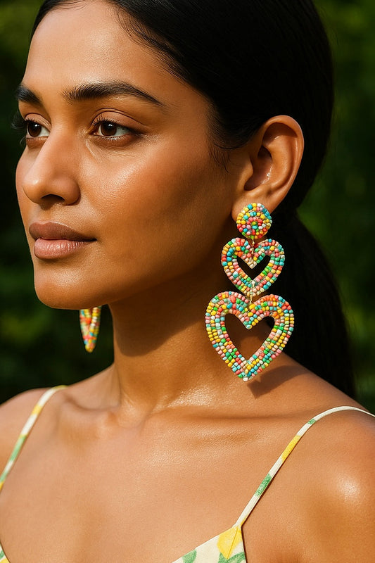 Rainbow Confetti Handmade Beaded Heart Shape Earrings