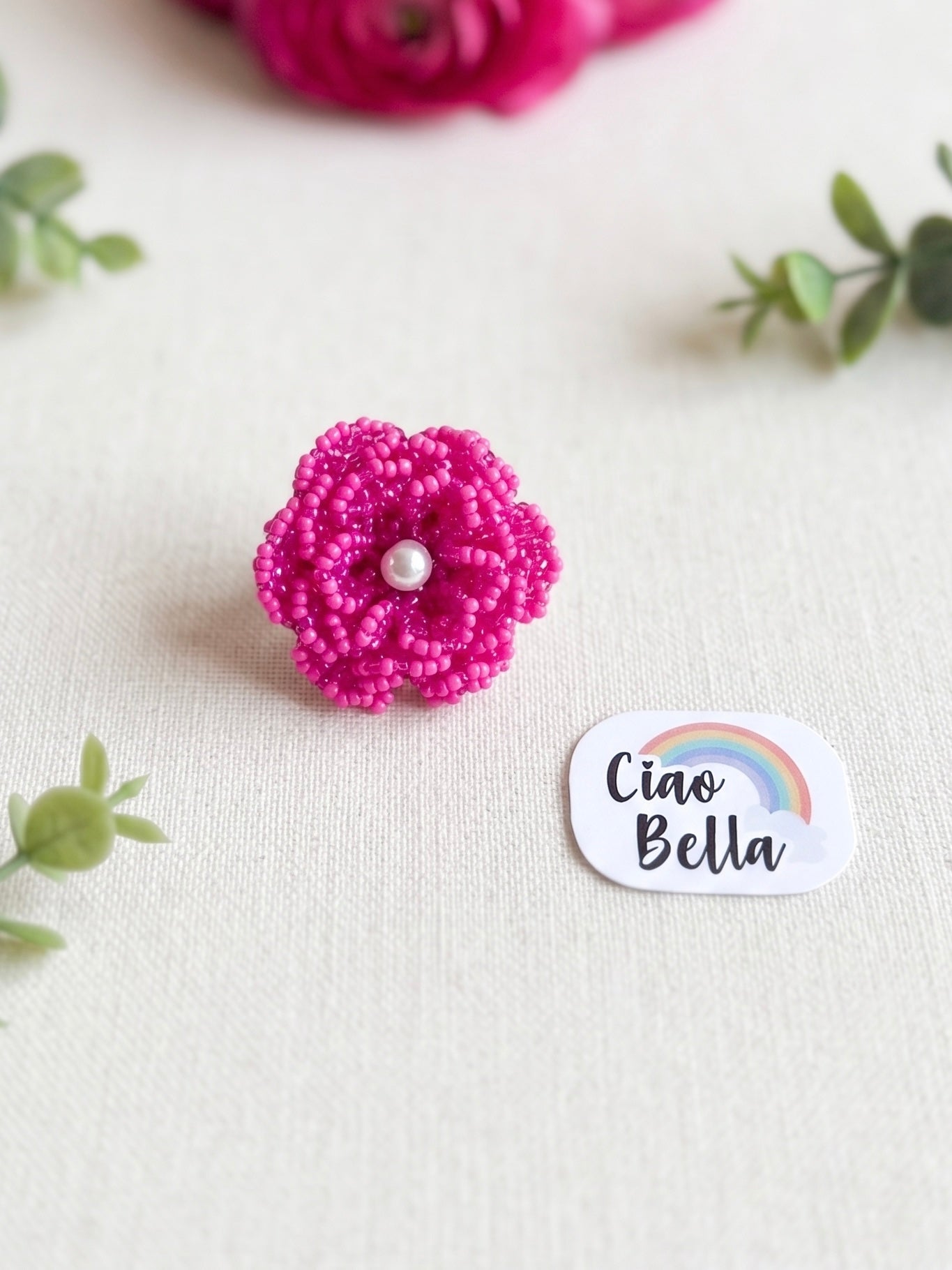 Crochet Pink 3D Rose Flower Handmade Beaded Ring