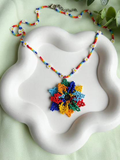 Blossoming Rainbow Flower Handmade Beaded Necklace