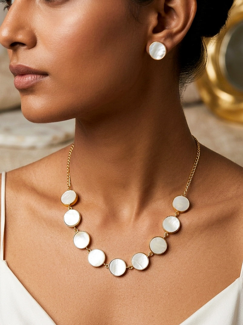 Moonstone Mother of Pearl Handmade Brass Necklace + Stud Earrings Set