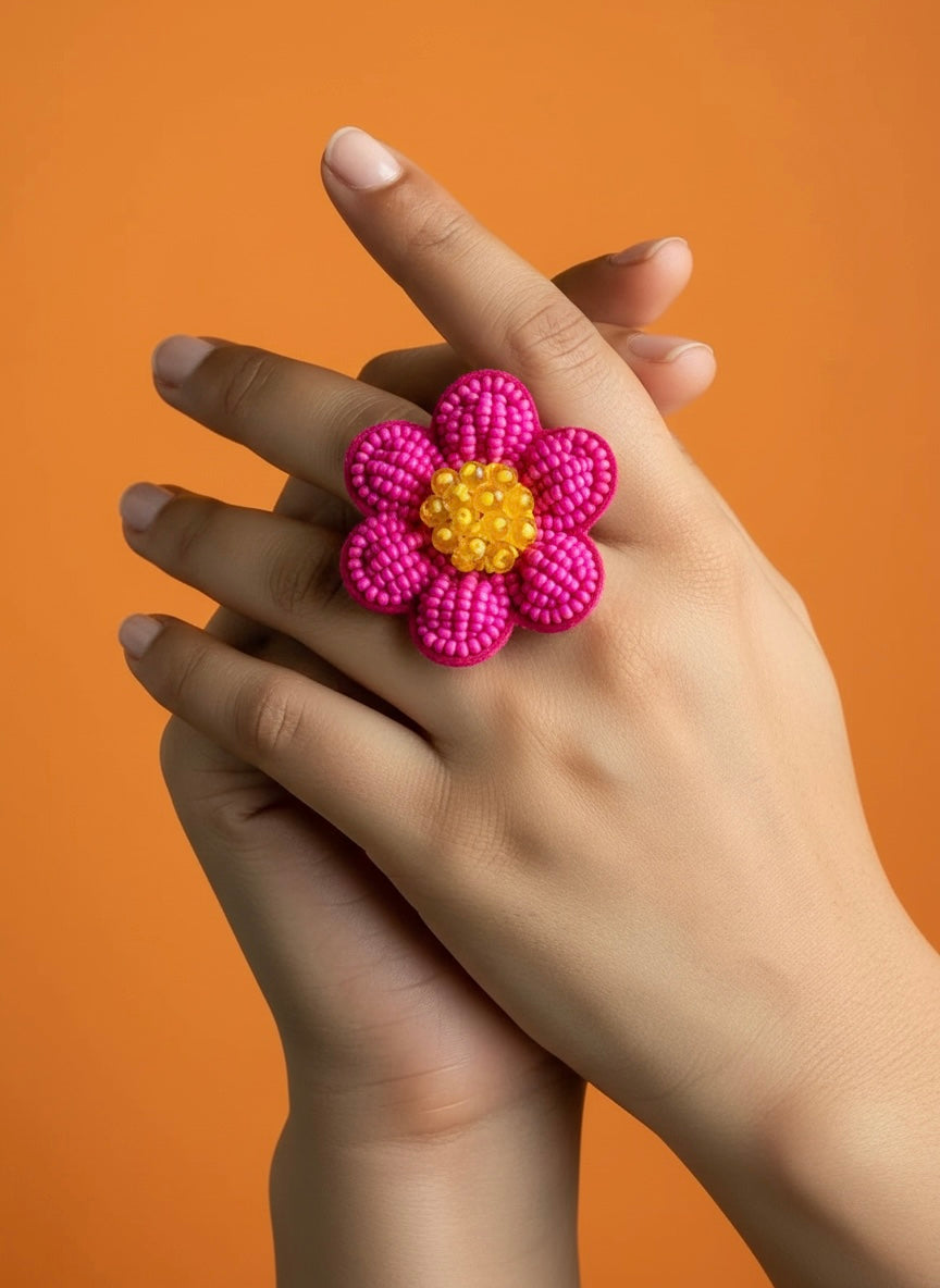 Pink Daisy Handmade Beaded Flower Ring