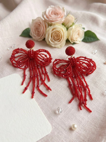 Pookie Bow (Deep Red) Handmade Beaded Earrings