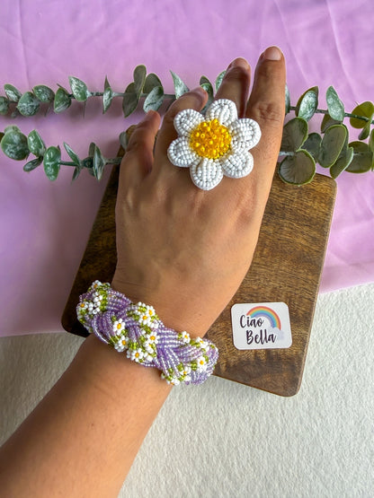 Luxe Flora Lilac Handmade Beaded Bracelet + Ring Combo