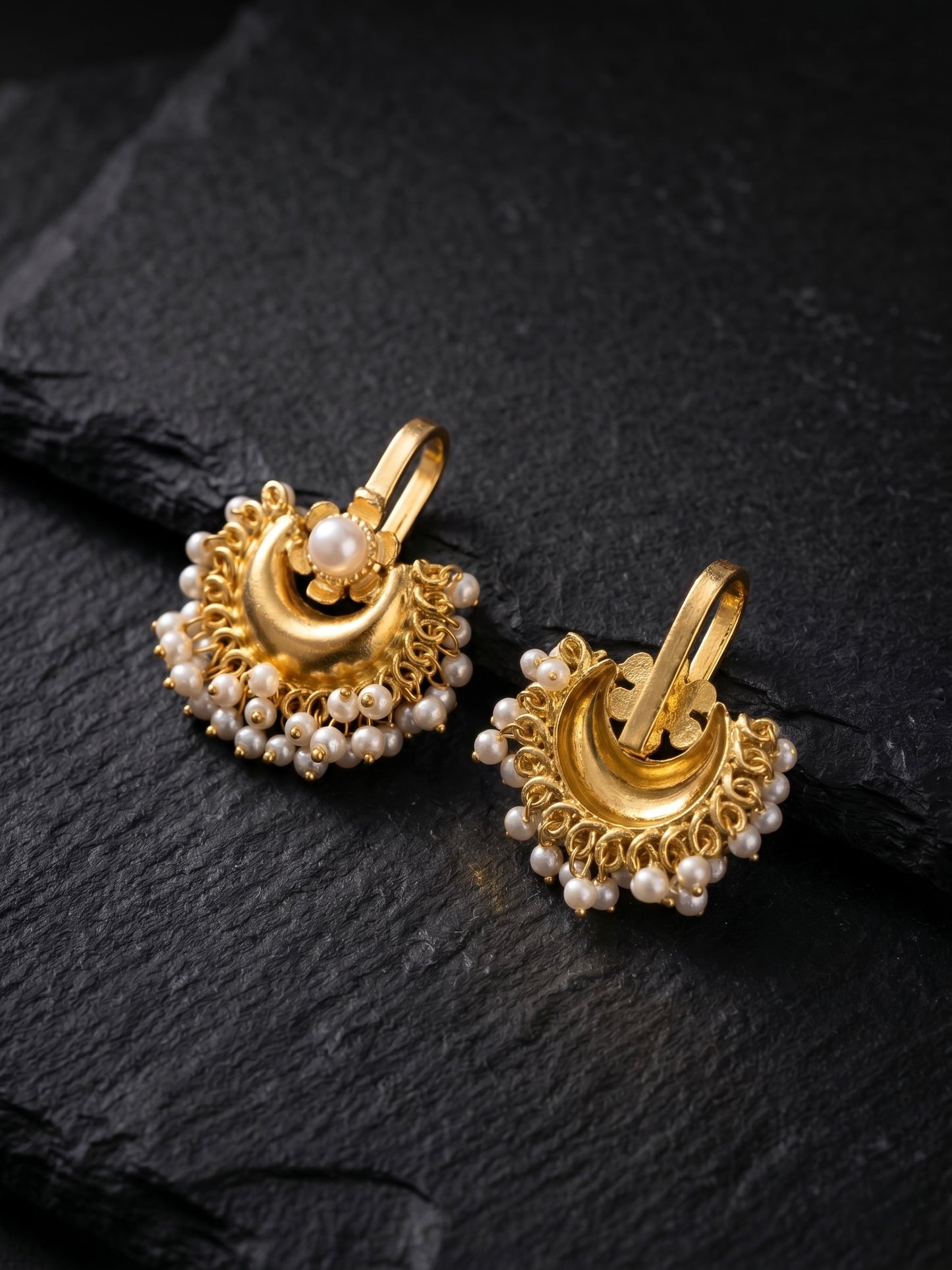 Noor Crescent Bugadi Pearl Handmade Brass Earrings