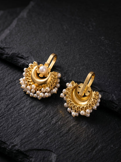 Noor Crescent Bugadi Pearl Handmade Brass Earrings