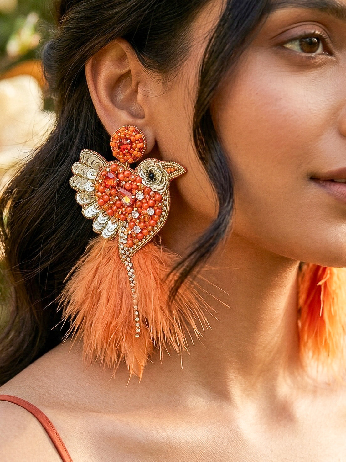 Glamorous Orange Birdies Handmade Beaded Bird Earrings