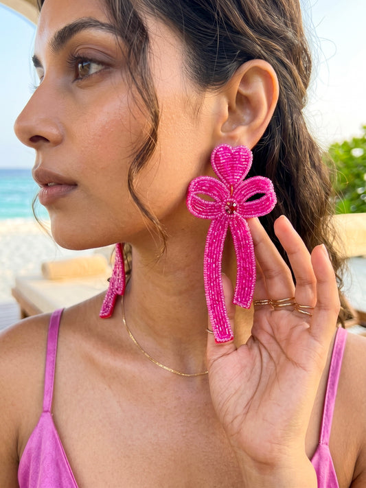 Glam Bow (Pink) Handmade Beaded Earrings