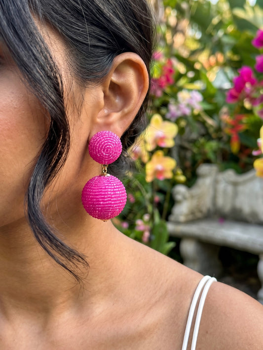 Hot Pink Round Drop Handmade Beaded Earrings