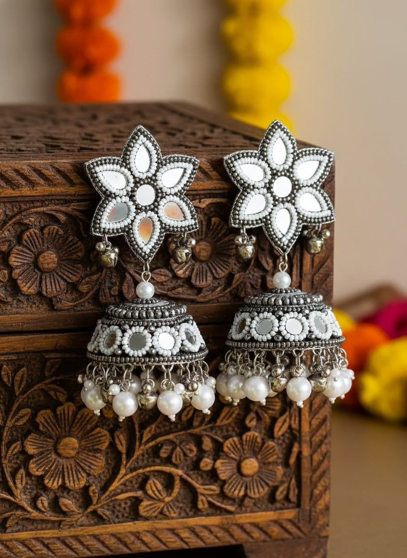 Naaz Mirror Handmade Beaded Jhumka Earrings