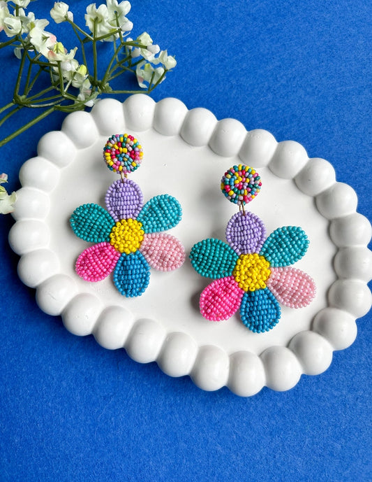 Rainbow Daisy Love Handmade Beaded Flower Earrings