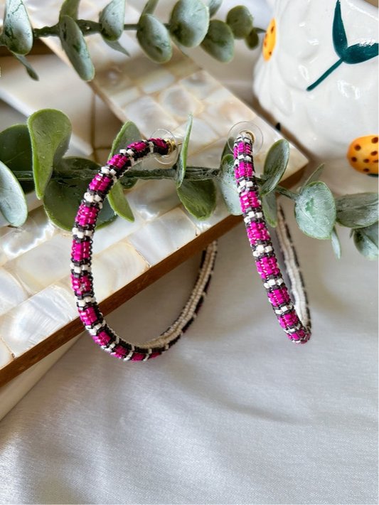 Ivory Pink Fusion Hoop Handmade Beaded Earrings