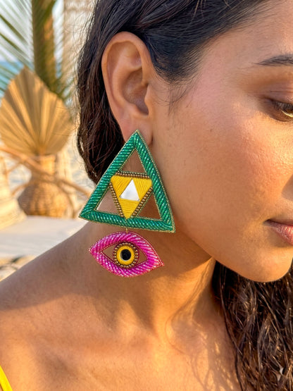 Electric Green & Pink Evil Eye Handmade Beaded Earrings