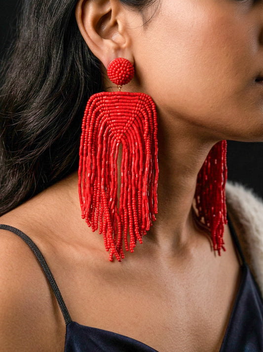 Luxe Crimson Red Handmade Beaded Tassel Earrings