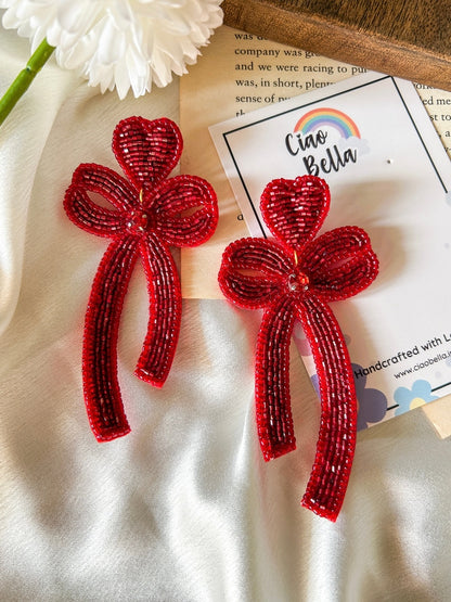 Glam Bow (Deep Red) Handmade Beaded Earrings