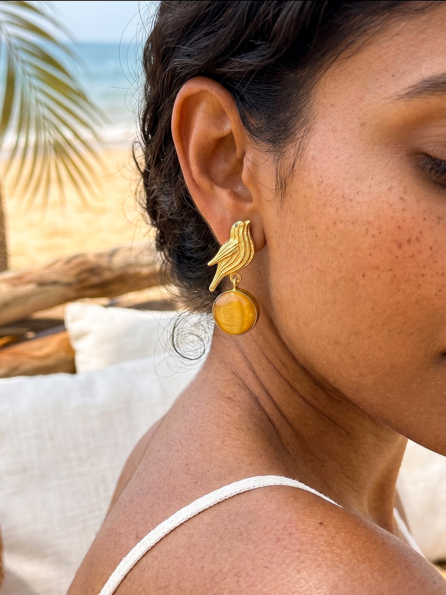 Hello Birdie Handmade Brass Earrings - Yellow Round