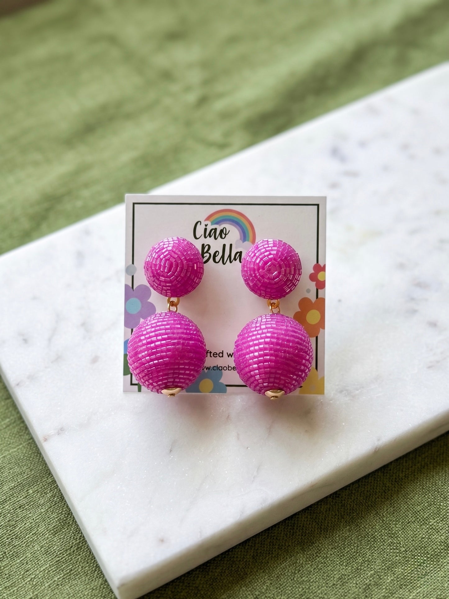 Hot Pink Round Drop Handmade Beaded Earrings