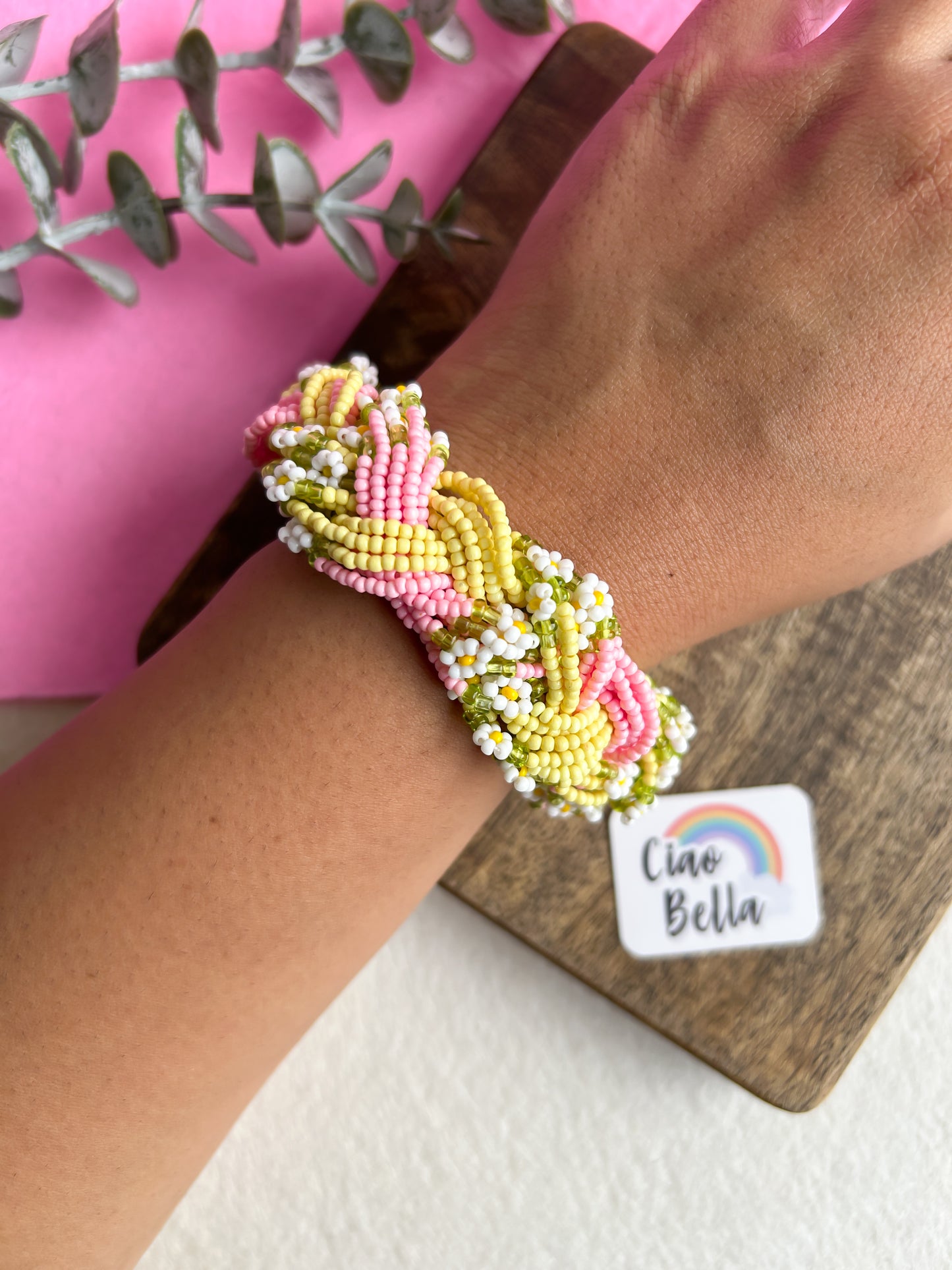 Luxe Flora Pink Yellow Handmade Beaded Bracelet