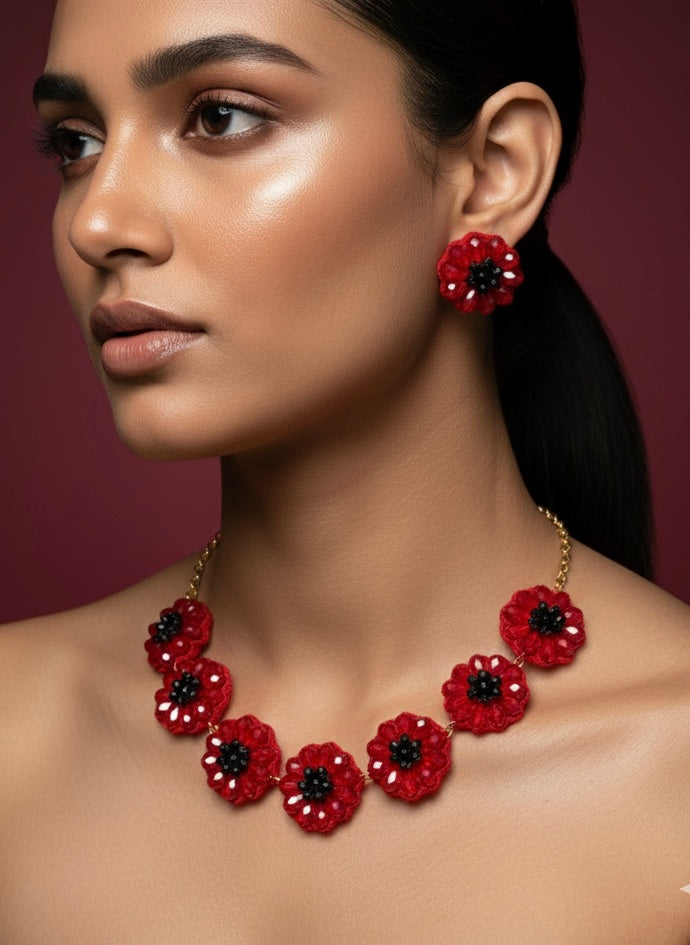 Sparkling Red Daisy Handmade Beaded Necklace + Earrings Set