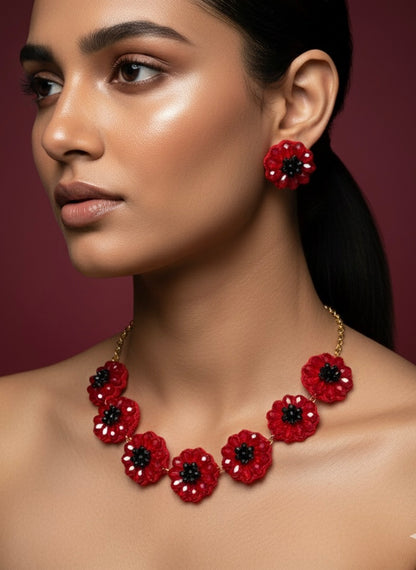 Sparkling Red Daisy Handmade Beaded Necklace + Earrings Set