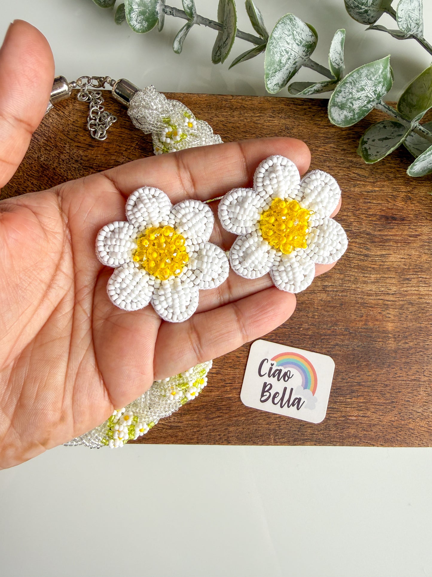 Luxe Flora Silver White Handmade Beaded Necklace + Earrings Set