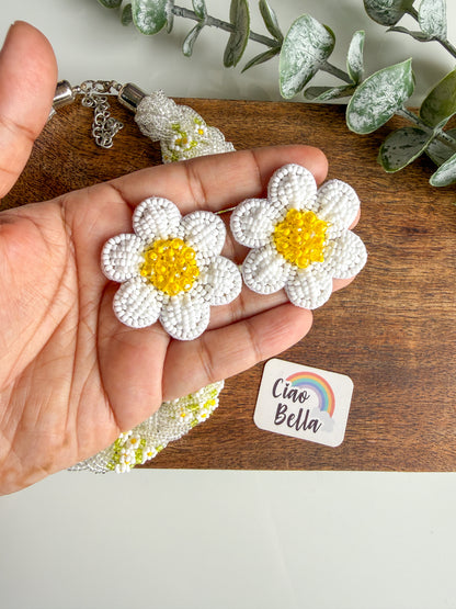 Luxe Flora Silver White Handmade Beaded Necklace + Earrings Set