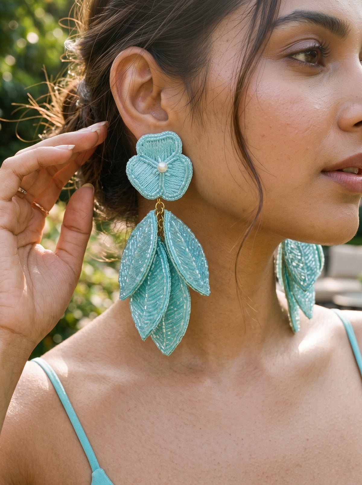 Luxe Leafy Affair Aqua Blue Handmade Beaded Earrings