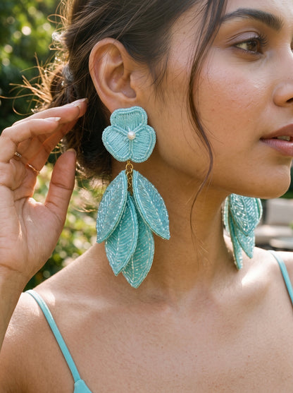 Luxe Leafy Affair Aqua Blue Handmade Beaded Earrings