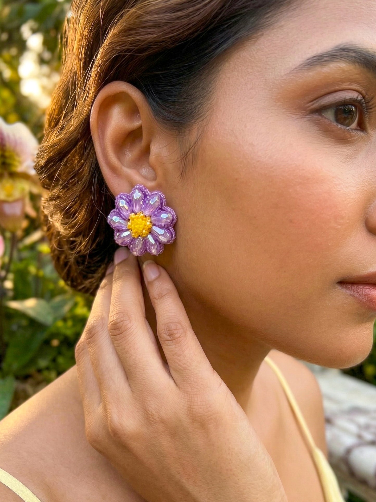 Sparkling Lilac Purple Flower Handmade Beaded Stud Earrings