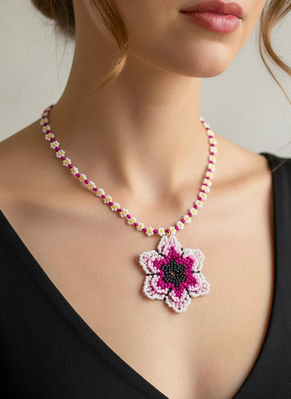 Blossoming Pink Flower Handmade Beaded Necklace