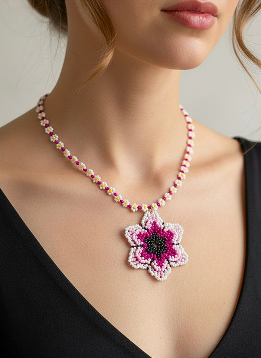 Blossoming Pink Flower Handmade Beaded Necklace
