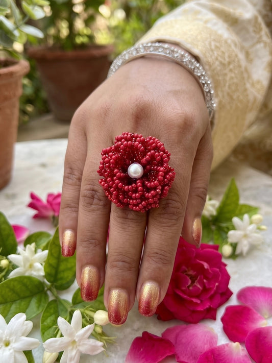 Crochet Deep Red 3D Rose Flower Handmade Beaded Ring