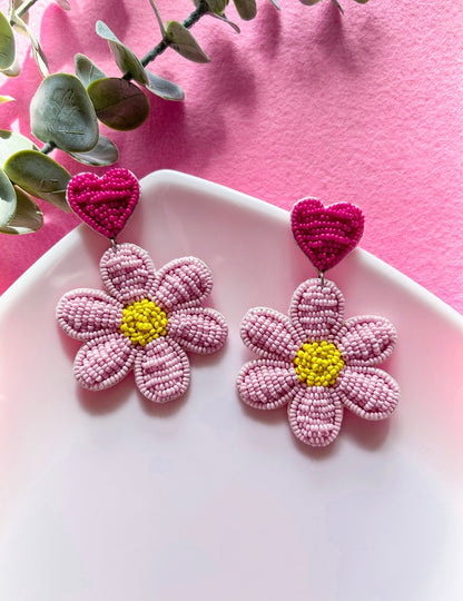 Blush Pink Daisy Love Handmade Beaded Flower Earrings