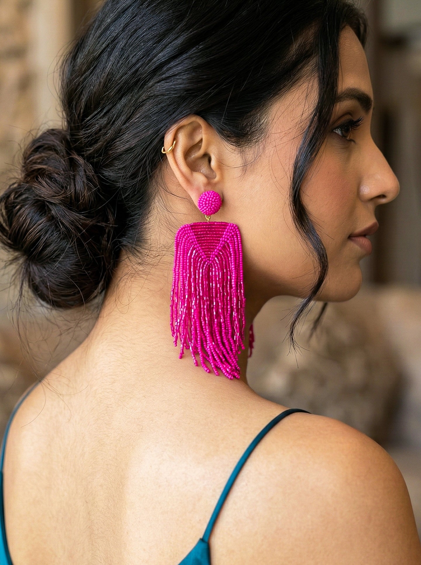 Luxe Rosey Pink Handmade Beaded Tassel Earrings
