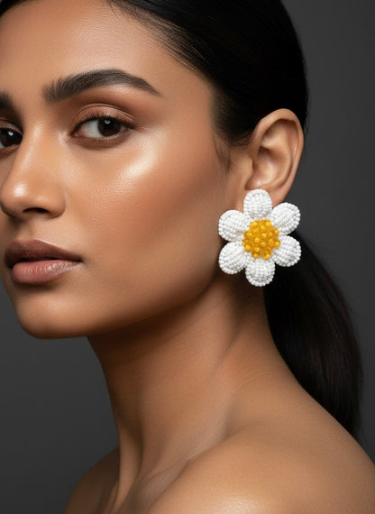 White Daisy Stud Handmade Beaded Flower Earrings