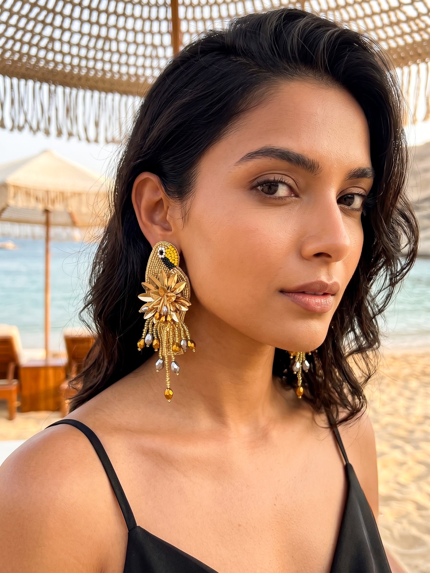 Luxe Paradise Golden Parrot Earrings Handmade Beaded Bird Earrings