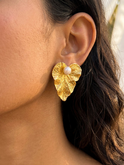 Golden Fern Pearl Handmade Brass Earrings