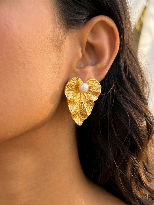 Golden Fern Pearl Handmade Brass Earrings