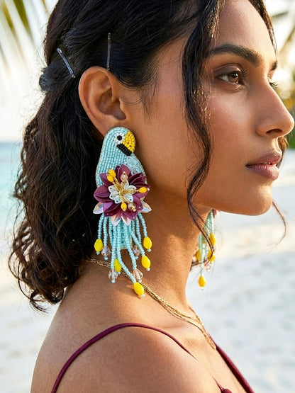 Luxe Paradise Aqua Blue Parrot Handmade Beaded Bird Earrings
