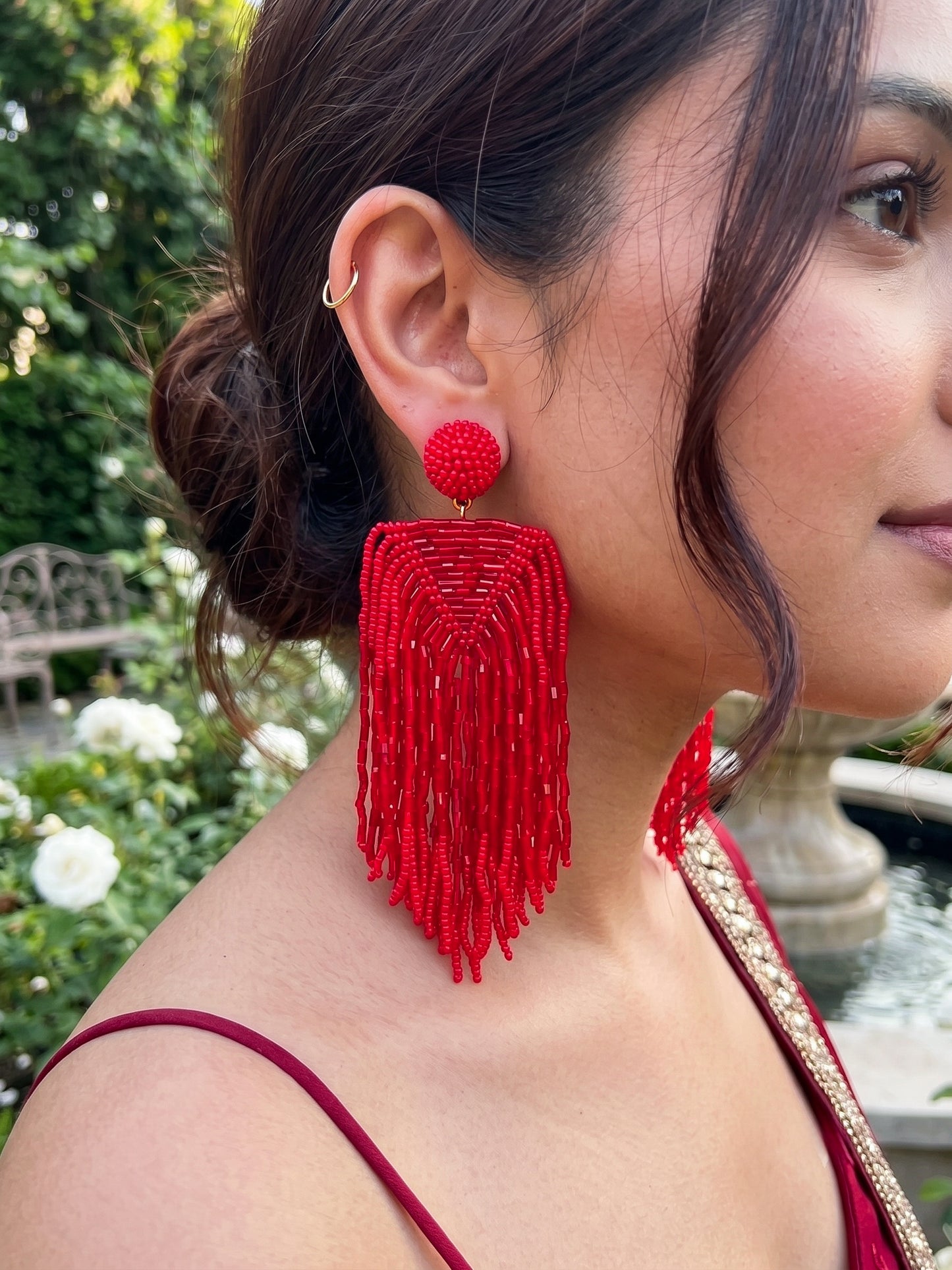 Luxe Crimson Red Handmade Beaded Tassel Earrings